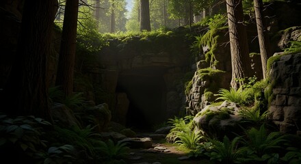 Peaceful forest scene with moss-covered rocks, ferns, ancient stone walls, and a winding path lit by sunbeams filtering through tall trees in a misty woodland atmosphere