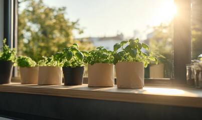 Herb pots on sunny windowsill in cozy urban kitchen