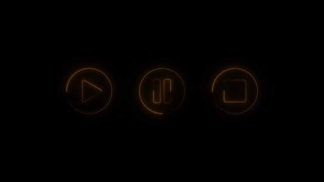 Neon play, pause, stop button icon animation on black background. audio neon play button motion graphics. music play button 4k video footage.