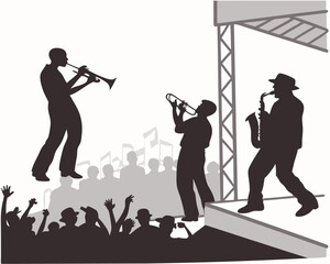 Silhouette of a jazz band performing on stage with audience and musical notes