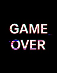Glitched "GAME OVER" text in white on a black background, evoking retro video game or digital failure aesthetics.