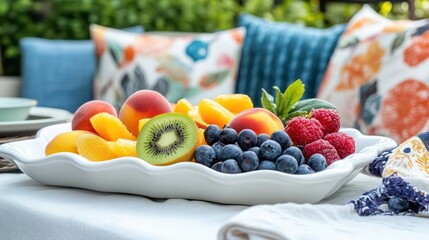 Vibrant summer fruit platter with a mix of fresh peaches, blueberries, and kiwi, elegantly displayed on a white ceramic dish, cozy backyard picnic setup.