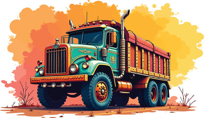 Colorful Dump Truck Duo Desert Realism and Monochrome Sketch Vector Art