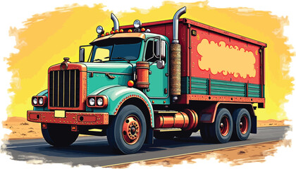 Red and Green Semi-Truck Sunset Realism and Blueprint Sketch Vector Art