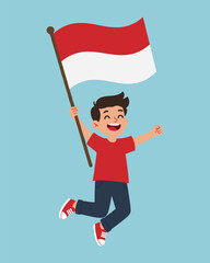 Flat Cute Illustration Of a Child Holding Indonesian Flag