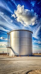 Obraz premium Large industrial oil storage tank standing alone in a vast open area with grey and blue sky and few white clouds