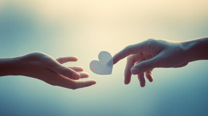 Tender hands reach out to share a delicate heart, a symbol of love, compassion, and connection in a soft, ethereal light.