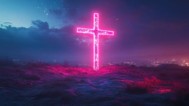 Glowing neon cross illuminating night landscape with city lights in background