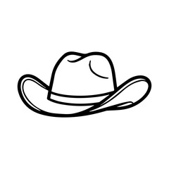 Hand-Drawn Cute Black and White Outline Illustration of a Cowboy Hat with Rounded Crown, Curled Brim, and Simple Band on White Background