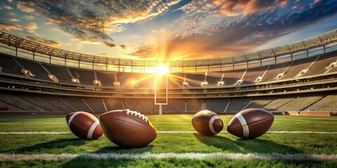 Football field with footballs scattered on the grass in a stadium during sunset