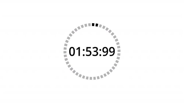 two minutes digital countdown timer stopwatch animation on a transparent background with minutes, seconds, miliseconds, 2 minutes Countdown video with alpha channel.	