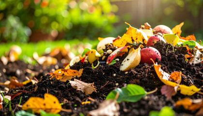 Close-up of rich garden compost made up of decomposed fruit peels, leaves, and coffee grounds.