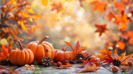 Happy Thanksgiving holiday background from autumn leaves, pumpkins and fall decorations on turquoise table.