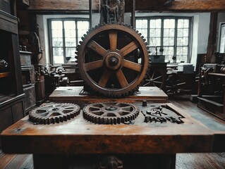 Obraz premium Vintage Wooden Gear Mechanism Inside Old Workshop with Industrial Style