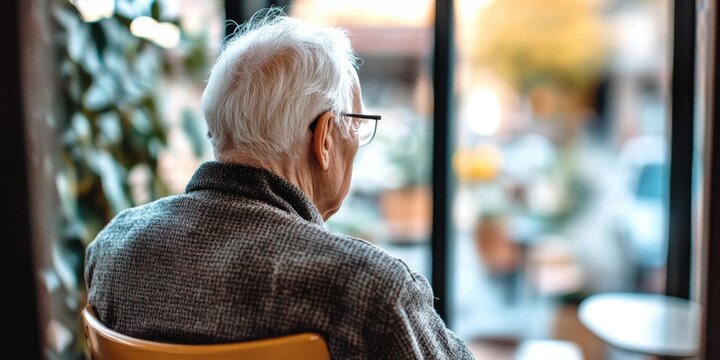Elderly man sitting alone in a cozy room, contemplating life while gazing out of the window quietly.