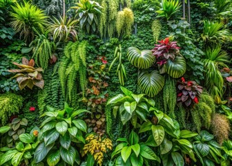 Fototapeta premium A lush vertical garden with vibrant greenery and exotic tropical leaves cascading down a wall
