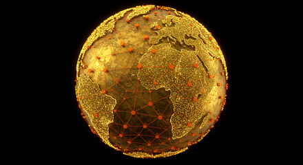 Gleaming globe showing network connections across continents against a deep black backdrop offering an abstract yet global connectivity visualization