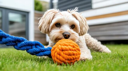 A fluffy dog joyfully engages with an orange ball in a green backyard, showcasing playful energy and happiness for outdoor activities