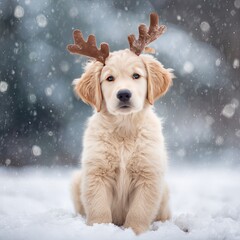 Golden retriever puppy wearing reindeer antlers sitting in the snow, adorable holiday scene