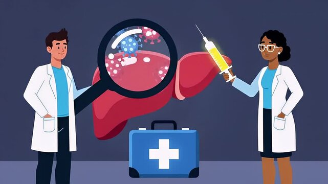 World Hepatitis Day Liver Disease Research Doctors Studying Liver Health with Magnifying Glass and Injection
