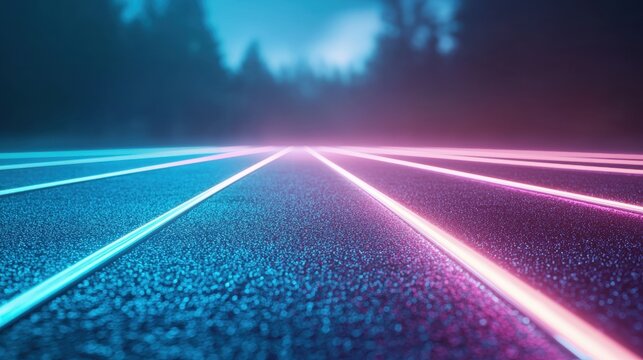 neon sports Running Track Radiant neon running track with highlighted lanes and a glowing starting line, emphasizing motion and energy.