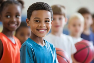 Young basketball players engaging in teamwork and sportsmanship during training sessions in a school gymnasium, fostering skills and friendships