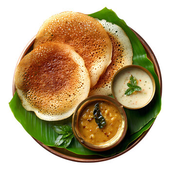 Keralan appam with stew in brass bowl, coconut chutney and banana leaf underneath, isolated on a white background