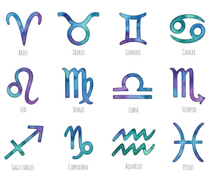 Zodiac symbols vector set, collection of watercolor painted astrology signs. Aries, Taurus, Gemini, Cancer, Leo, Virgo, Libra, Scorpio, Sagittarius, Capricorn, Aquarius, Pisces icons isolated on white