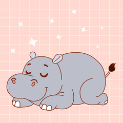Cartoon illustration of a cute sleeping hippo in a relaxed pose with eyes closed and a peaceful, gentle expression