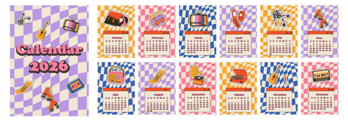 2026 calendar with Retro stickers design. Calendar planner minimal style, annual organizer. 