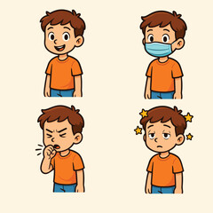Boy Feeling Sick Illustration A set of cartoon boy showing expression with or without wearing face mask.