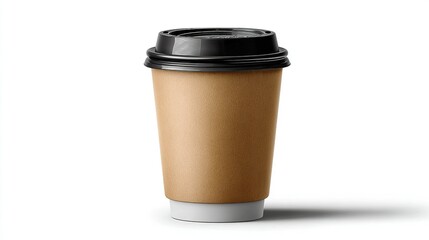 Brown paper coffee cup with black lid and white base on white background
