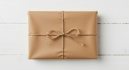 Handcrafted present wrapped with natural brown paper and rustic twine presented on a pristine white wooden surface to make a unique composition