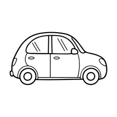 Hand-Drawn Cute Black and White Profile Outline Illustration of a Rounded Compact Car with Simple Wheels and Minimal Details on White Background