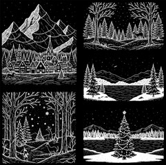 A collection of four monochrome, chalk-style illustrations depicting various festive winter landscapes, including snowy mountains overlooking a decorated village, forests with deer, and serene lake sc