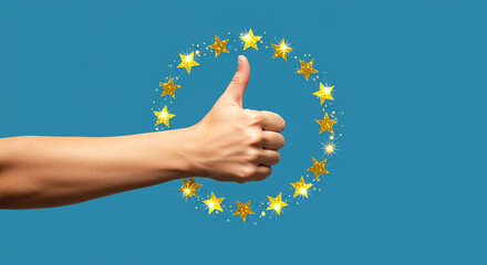 EU Support: A person shows support for the European Union with a thumbs up. The image represents unity, solidarity, and approval.