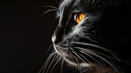 black cat face with yellow eyes illuminated in darkness