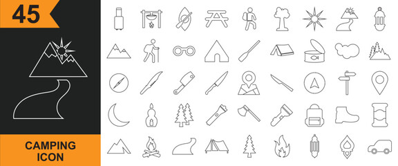 Obraz premium Camping Icon . Vector for Campfire, lantern, flashlight, tent, backpack, canned food, map, compass, knife, watch, outdoor etc. Vector illustration . Isolated on white and black background. EPS 10
