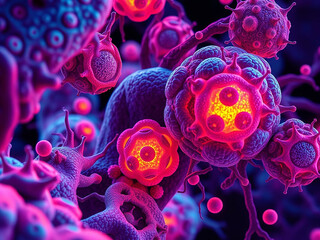 AI-generated 3D image of cancer cells on a dark background.