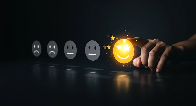Customer Experience: A glowing smile face icon sparks with positive feedback, the fingers reaching, expressing the ideal of customer service.