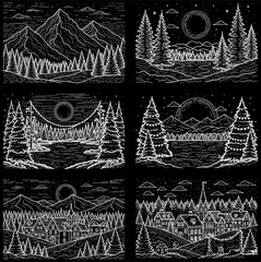 A collection of six monochrome, chalk-style illustrations depicting various serene winter and Christmas landscapes, featuring snowy mountains, pine forests, lakes, charming villages, and festive light