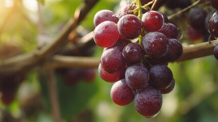 Close-up of ripe grapes on vine in sunlit vineyard. Neural network AI generated
