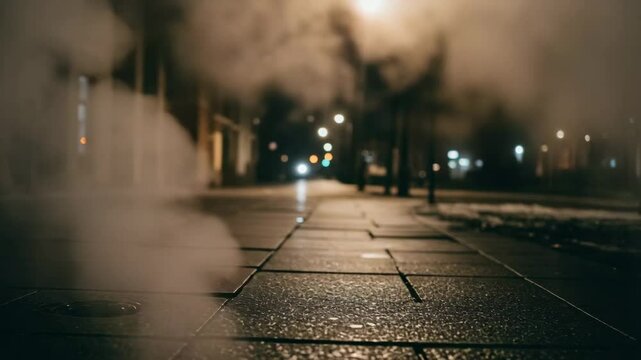 Steam rising from pavement on empty urban street at night  