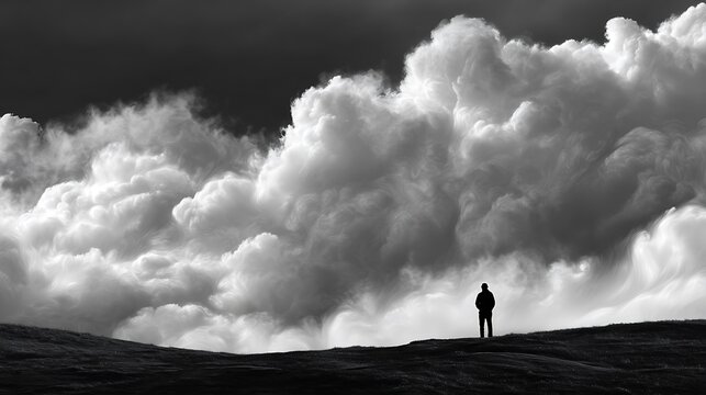 Lone figure gazes at dramatic swirling clouds in a stark black and white landscape