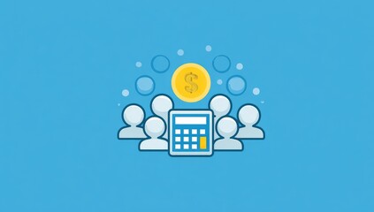 Group of people and calculator with a coin, on blue background