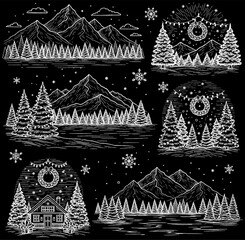 A collection of six monochrome, chalk-style illustrations depicting various festive winter landscapes, featuring snowy mountains, pine forests, cozy cabins, and Christmas wreaths with lights and snow