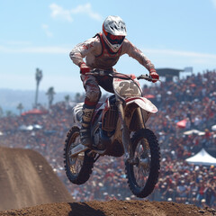 Naklejka premium Man riding dirt bike on track.