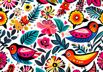 Fototapeta premium Colorful Floral and Bird Pattern Design
