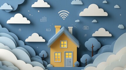 Minimal paper art of a cozy home with layered paper clouds and floating icons of security, Wi-Fi, and solar energy — smart home business concept