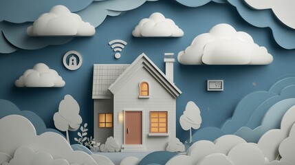 Minimal paper art of a cozy home with layered paper clouds and floating icons of security, Wi-Fi, and solar energy — smart home business concept